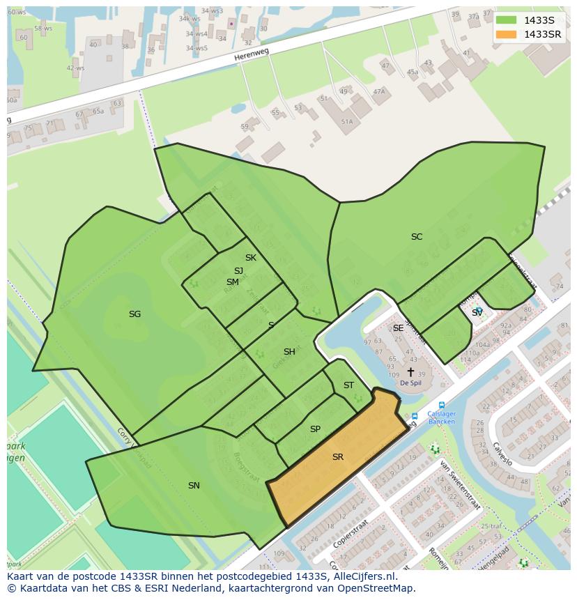 Afbeelding van het postcodegebied 1433 SR op de kaart.