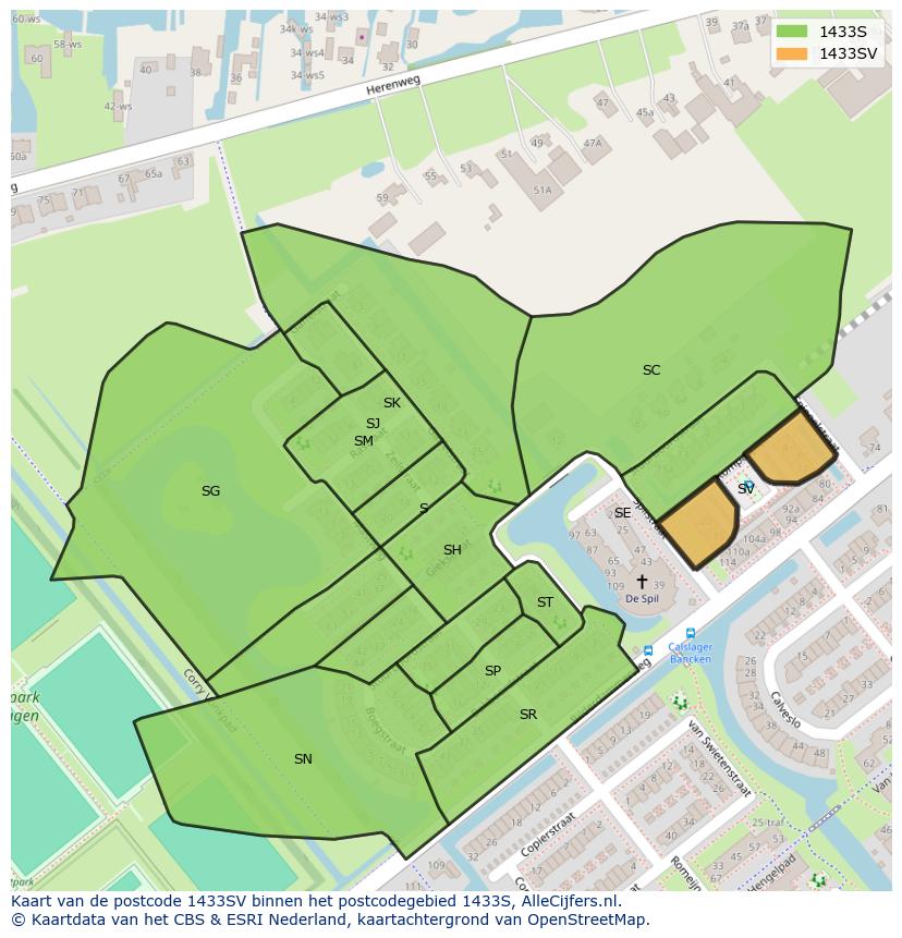Afbeelding van het postcodegebied 1433 SV op de kaart.