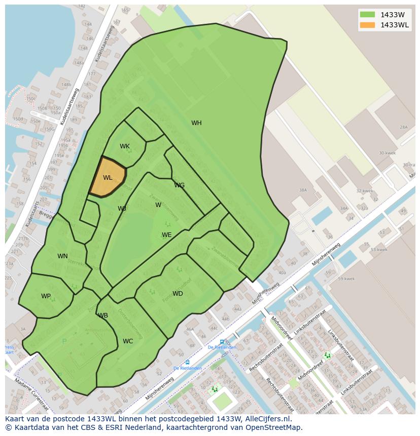 Afbeelding van het postcodegebied 1433 WL op de kaart.