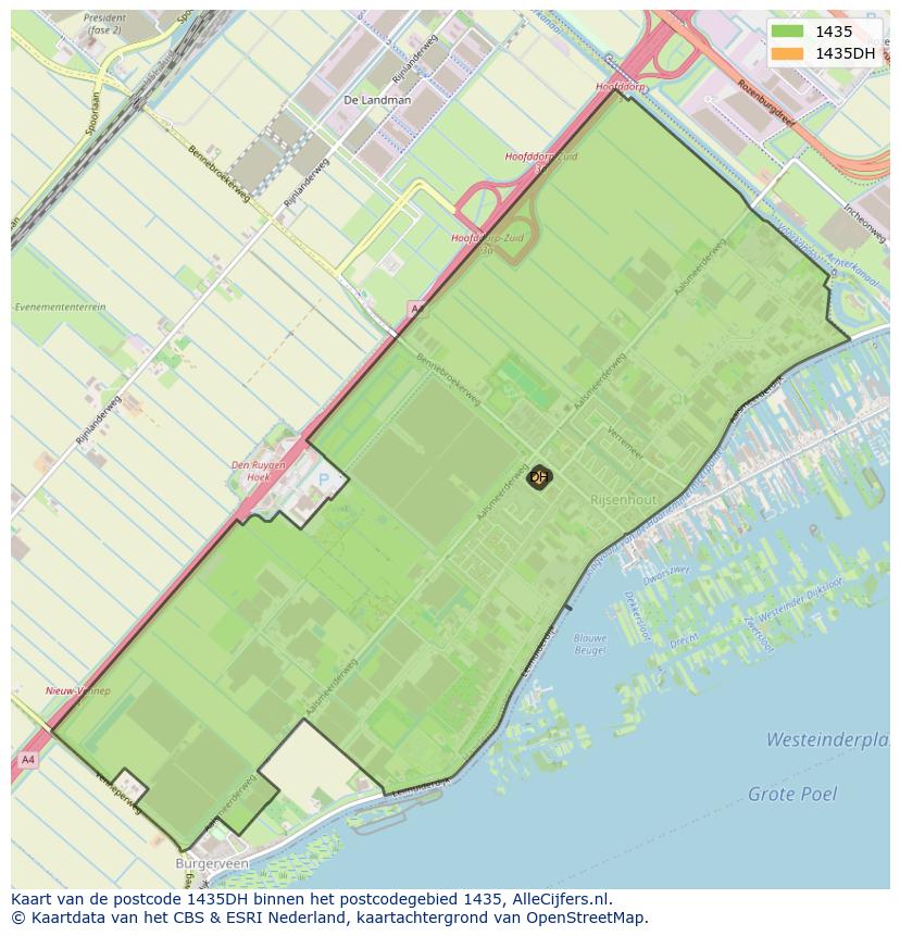 Afbeelding van het postcodegebied 1435 DH op de kaart.
