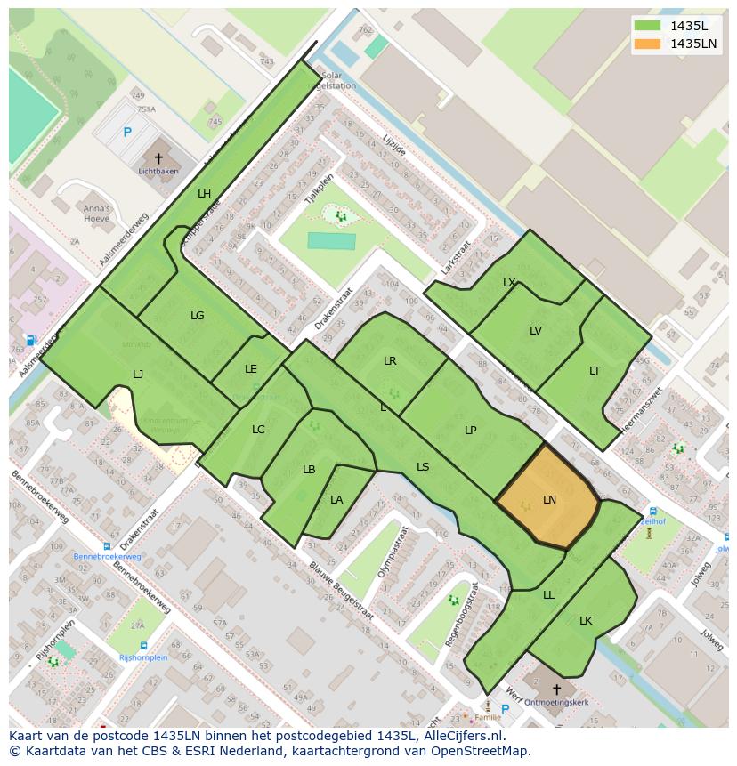 Afbeelding van het postcodegebied 1435 LN op de kaart.