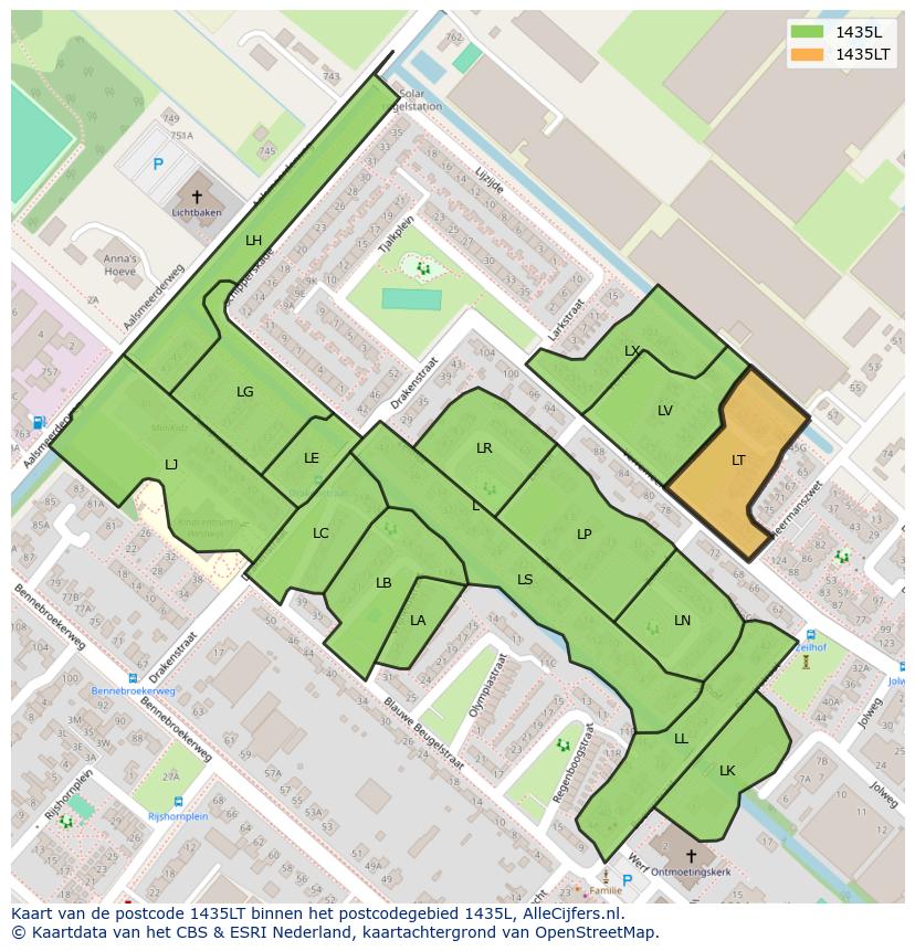 Afbeelding van het postcodegebied 1435 LT op de kaart.