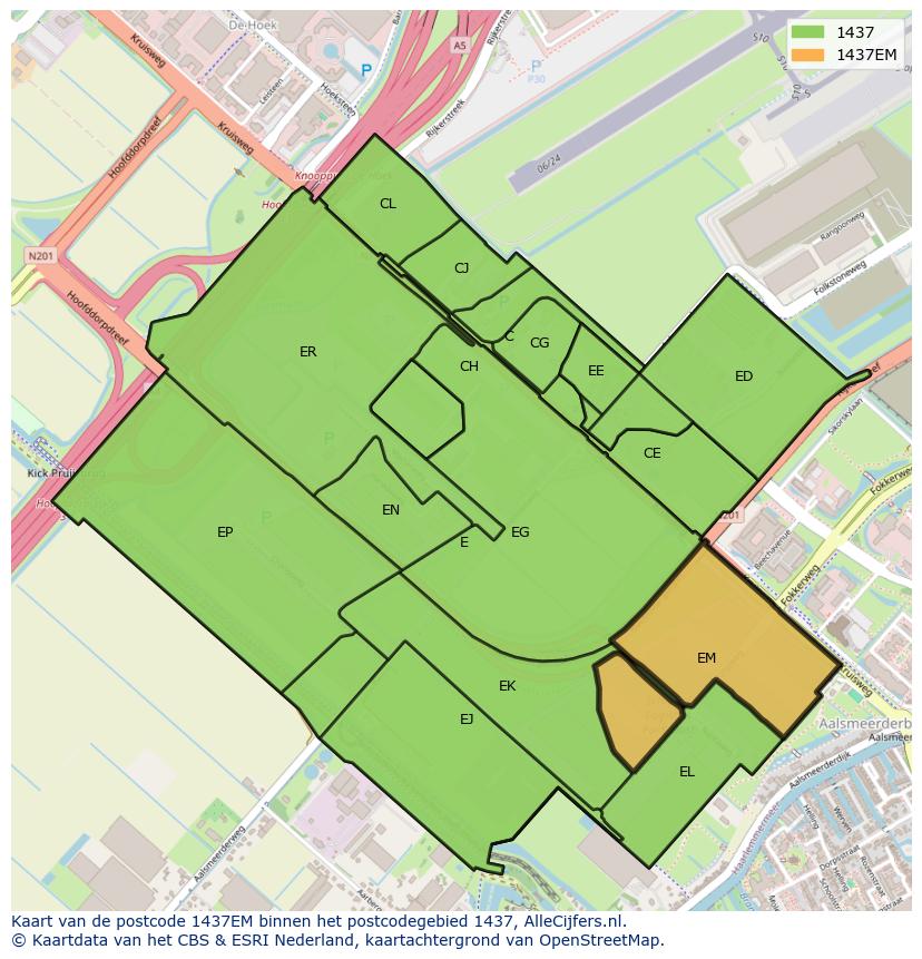 Afbeelding van het postcodegebied 1437 EM op de kaart.
