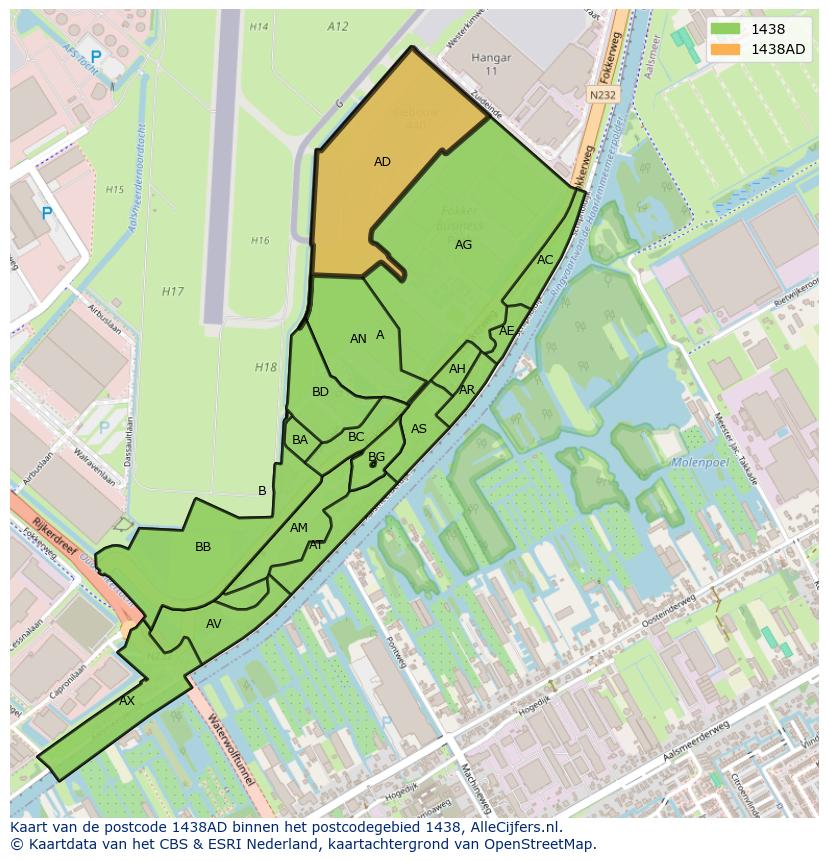 Afbeelding van het postcodegebied 1438 AD op de kaart.