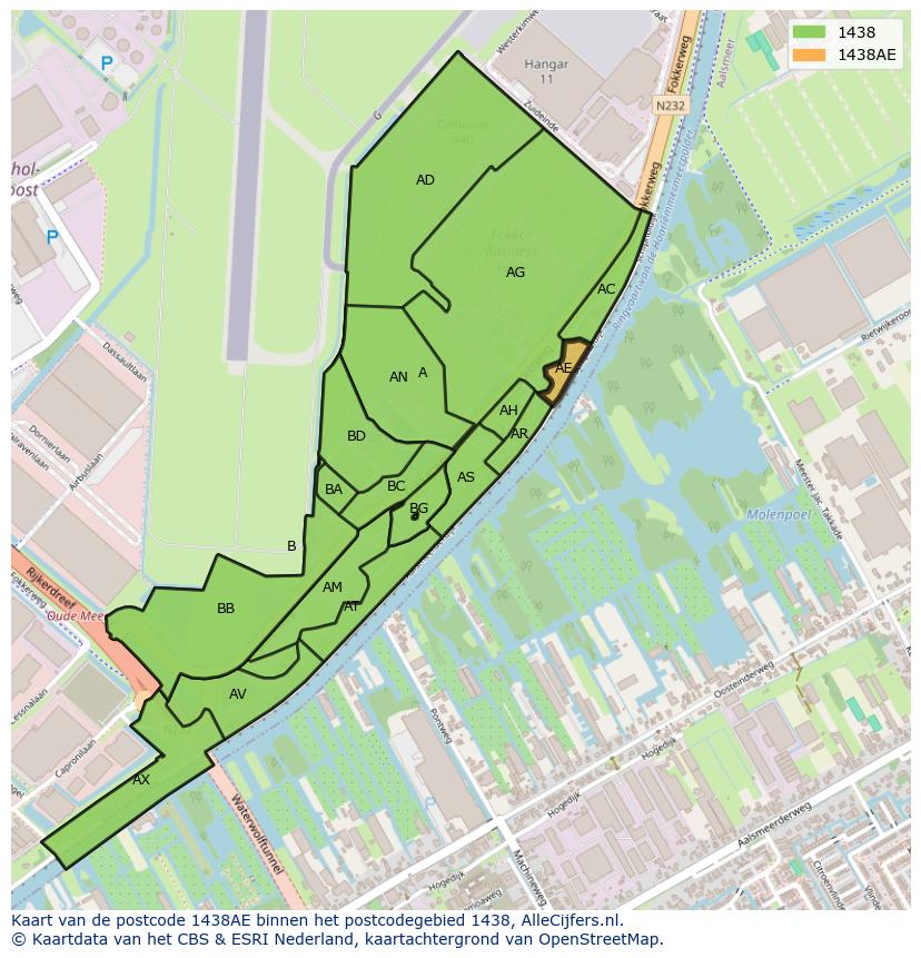 Afbeelding van het postcodegebied 1438 AE op de kaart.