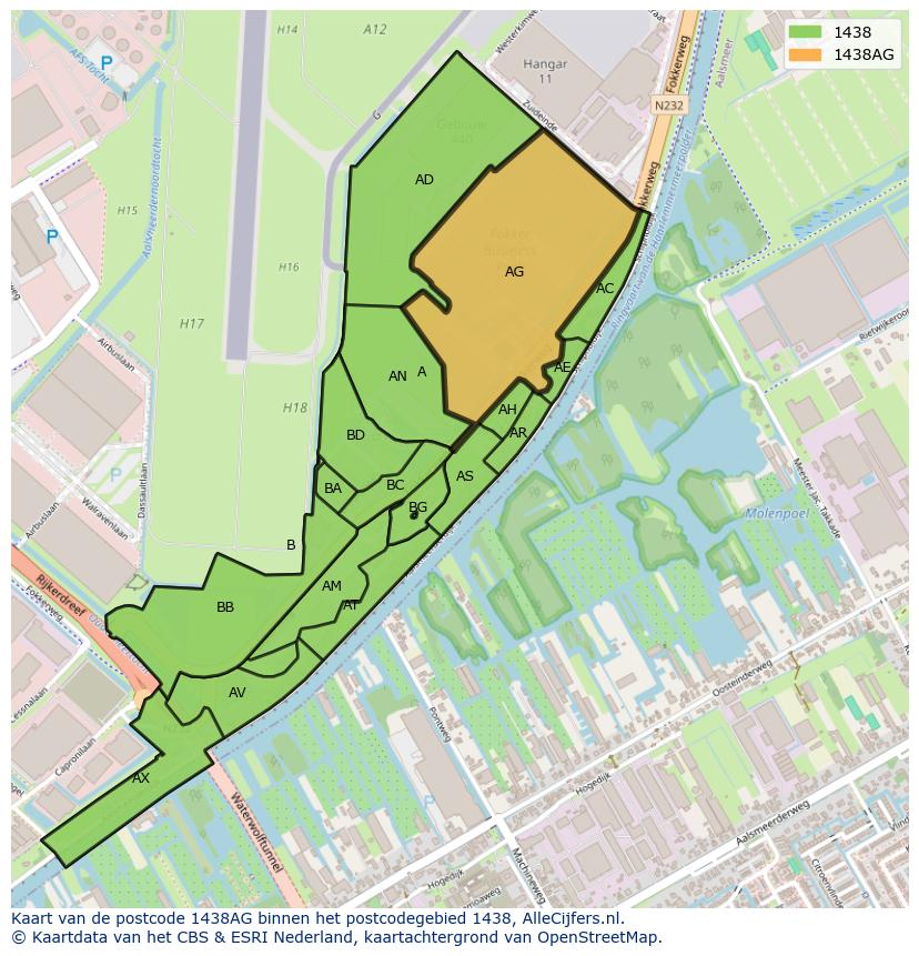 Afbeelding van het postcodegebied 1438 AG op de kaart.
