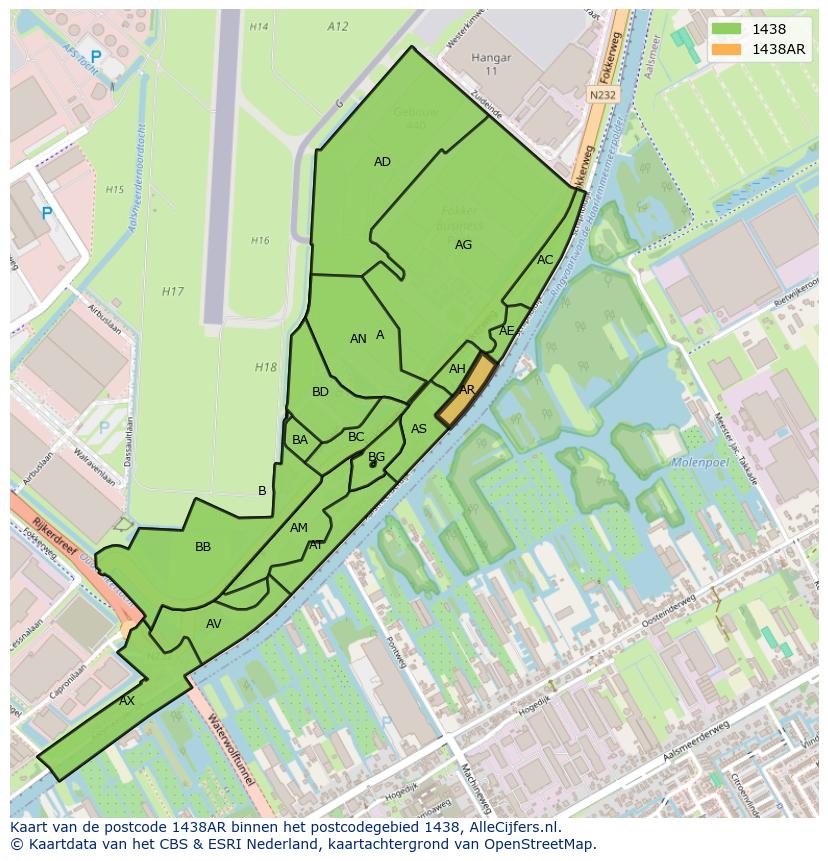 Afbeelding van het postcodegebied 1438 AR op de kaart.
