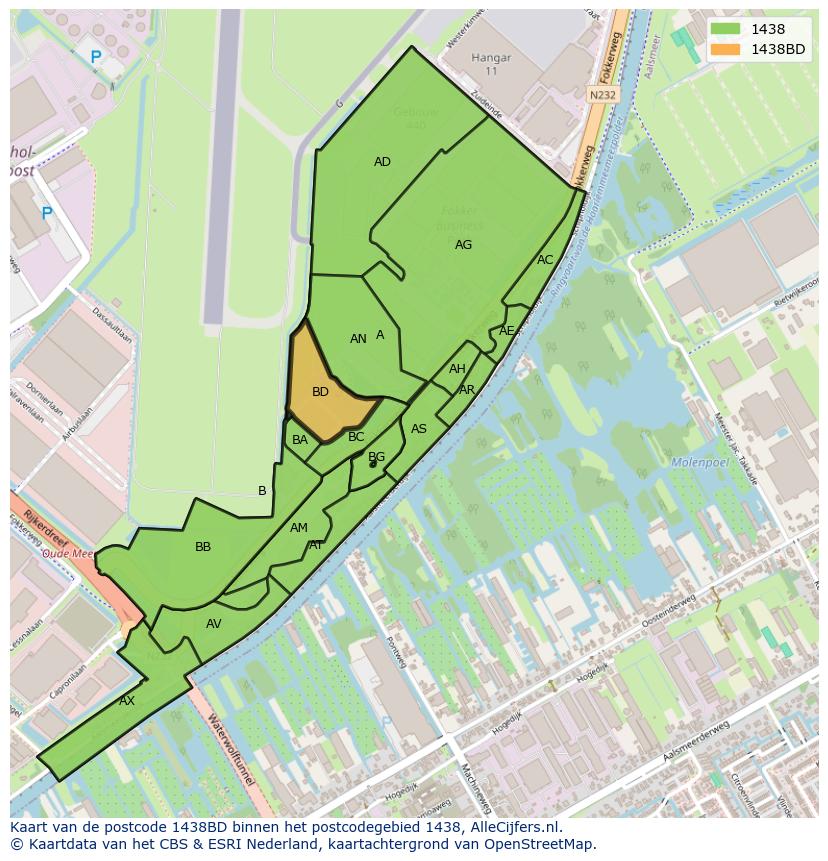 Afbeelding van het postcodegebied 1438 BD op de kaart.