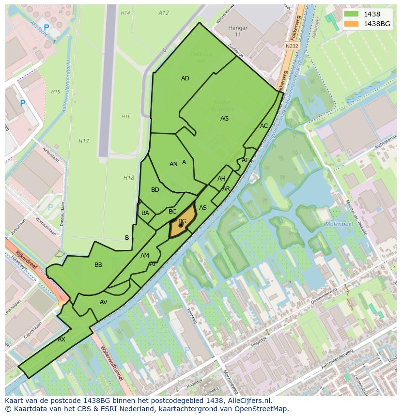Afbeelding van het postcodegebied 1438 BG op de kaart.