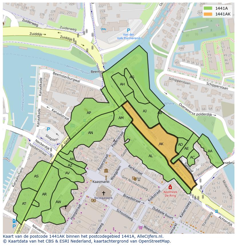 Afbeelding van het postcodegebied 1441 AK op de kaart.