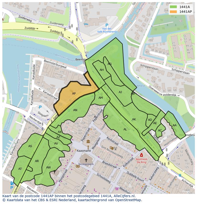 Afbeelding van het postcodegebied 1441 AP op de kaart.