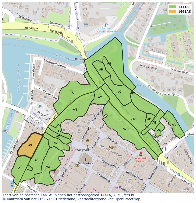 Afbeelding van het postcodegebied 1441 AS op de kaart.
