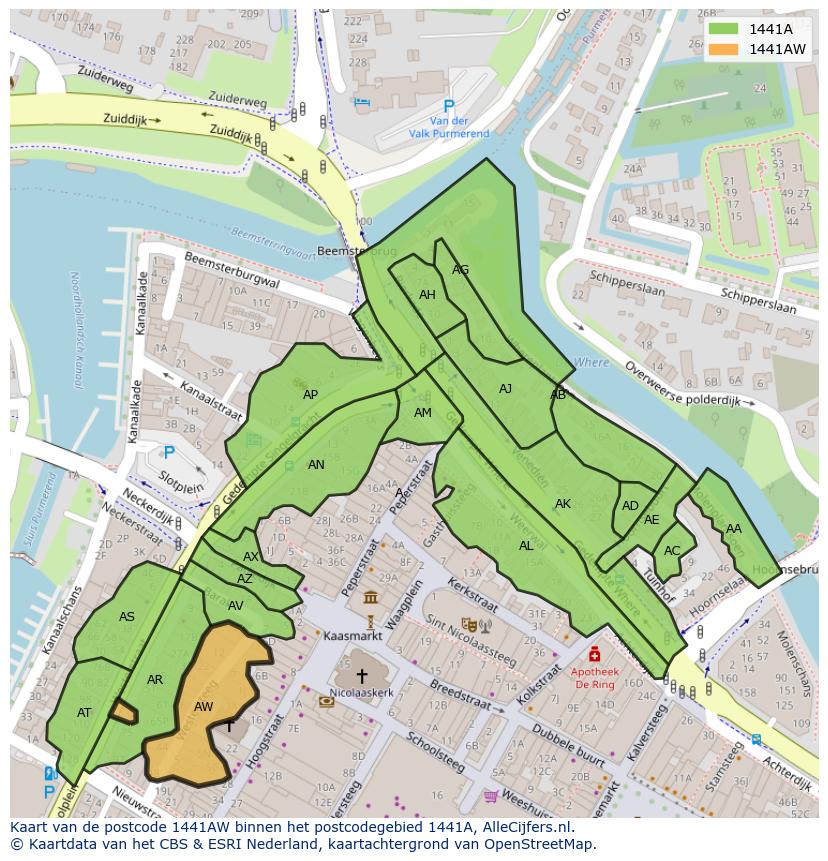 Afbeelding van het postcodegebied 1441 AW op de kaart.