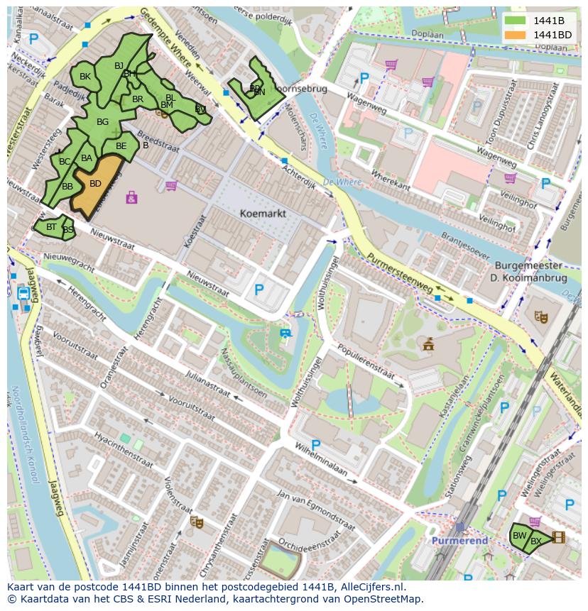 Afbeelding van het postcodegebied 1441 BD op de kaart.