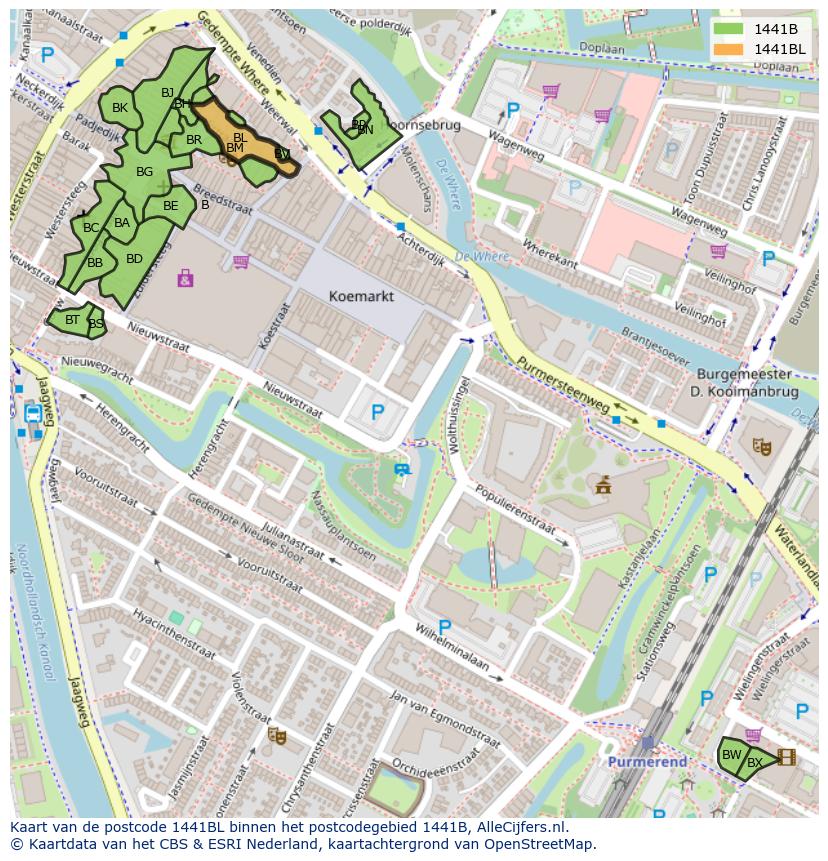 Afbeelding van het postcodegebied 1441 BL op de kaart.