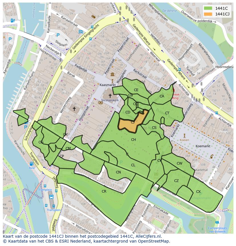 Afbeelding van het postcodegebied 1441 CJ op de kaart.