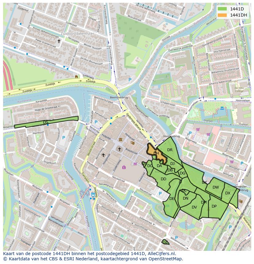 Afbeelding van het postcodegebied 1441 DH op de kaart.
