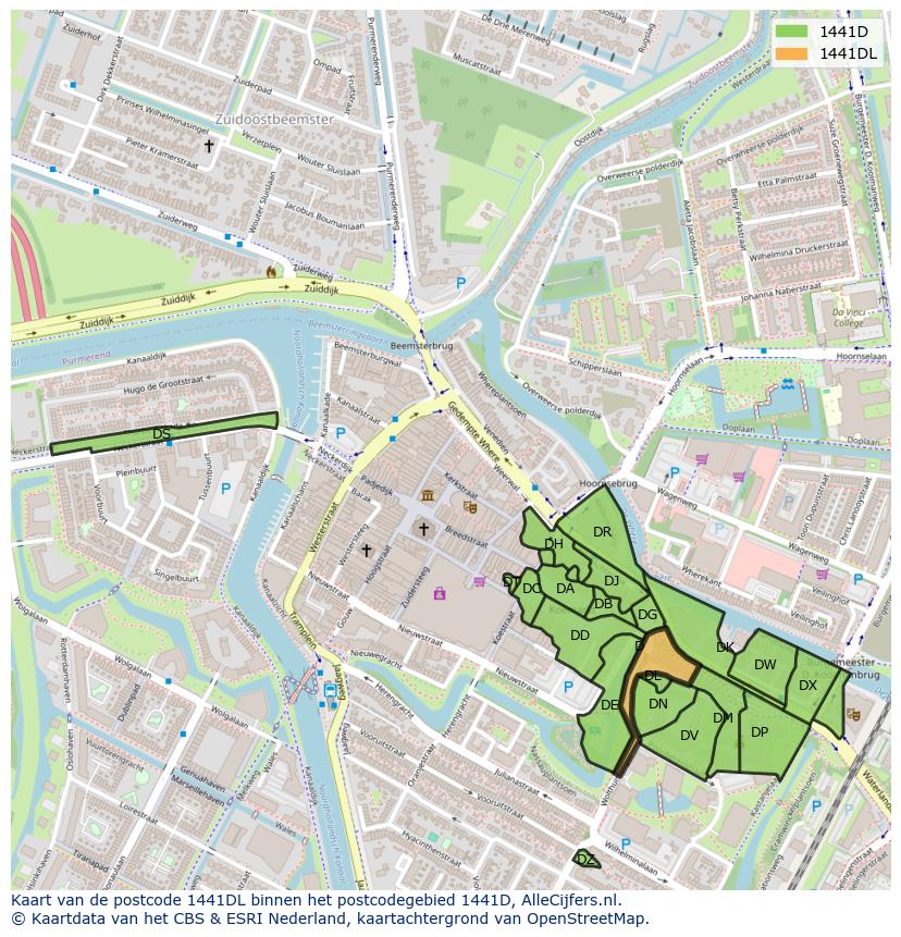 Afbeelding van het postcodegebied 1441 DL op de kaart.