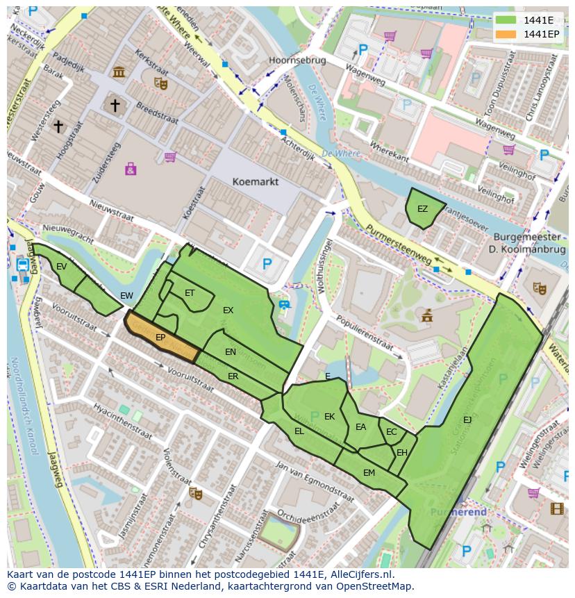 Afbeelding van het postcodegebied 1441 EP op de kaart.