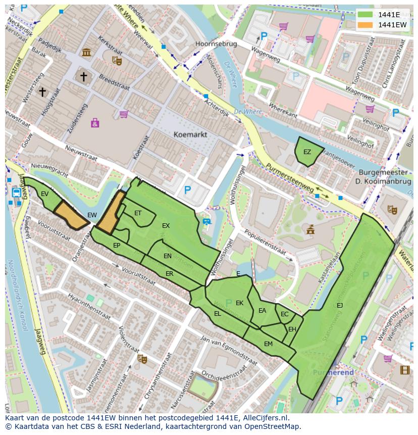 Afbeelding van het postcodegebied 1441 EW op de kaart.