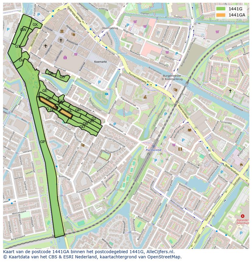 Afbeelding van het postcodegebied 1441 GA op de kaart.