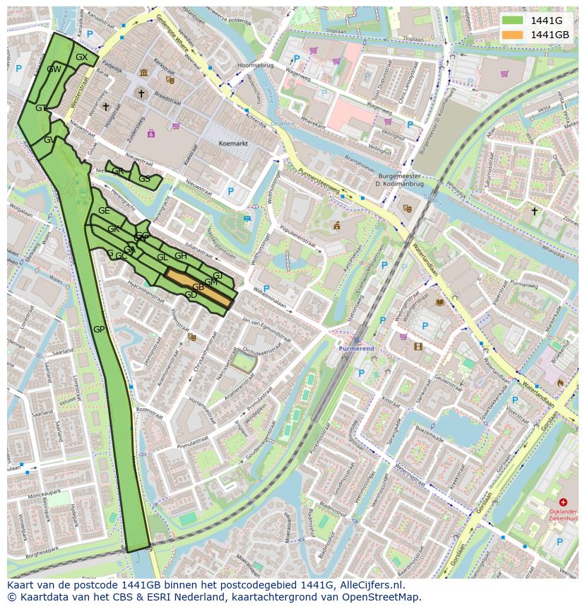 Afbeelding van het postcodegebied 1441 GB op de kaart.