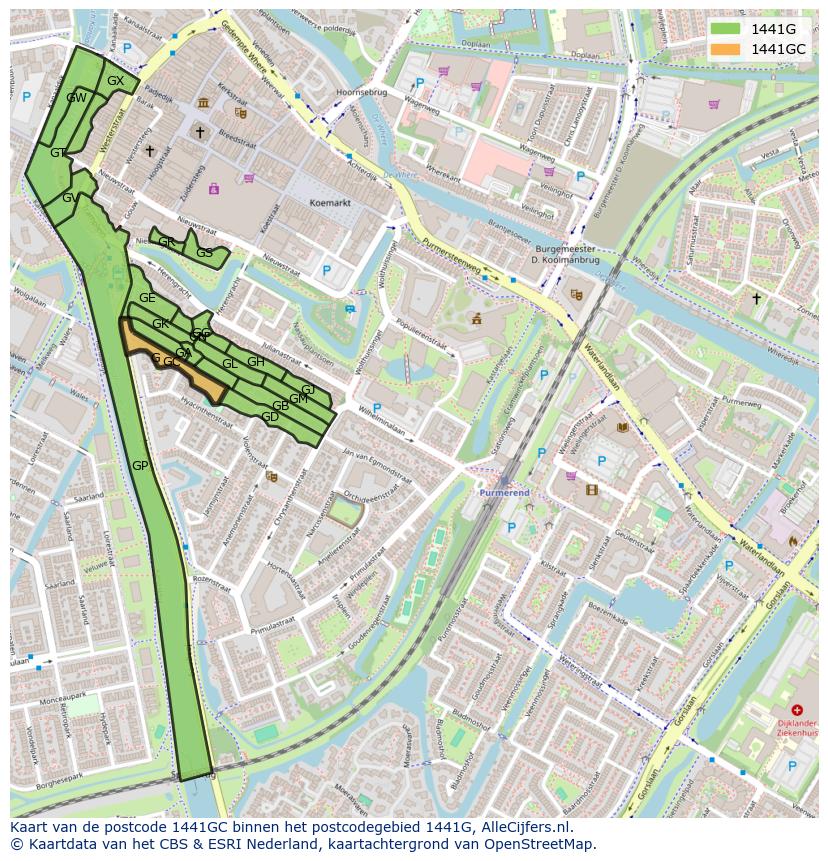 Afbeelding van het postcodegebied 1441 GC op de kaart.