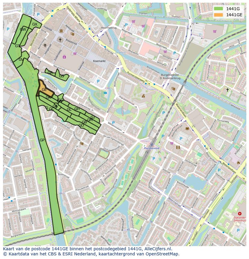 Afbeelding van het postcodegebied 1441 GE op de kaart.