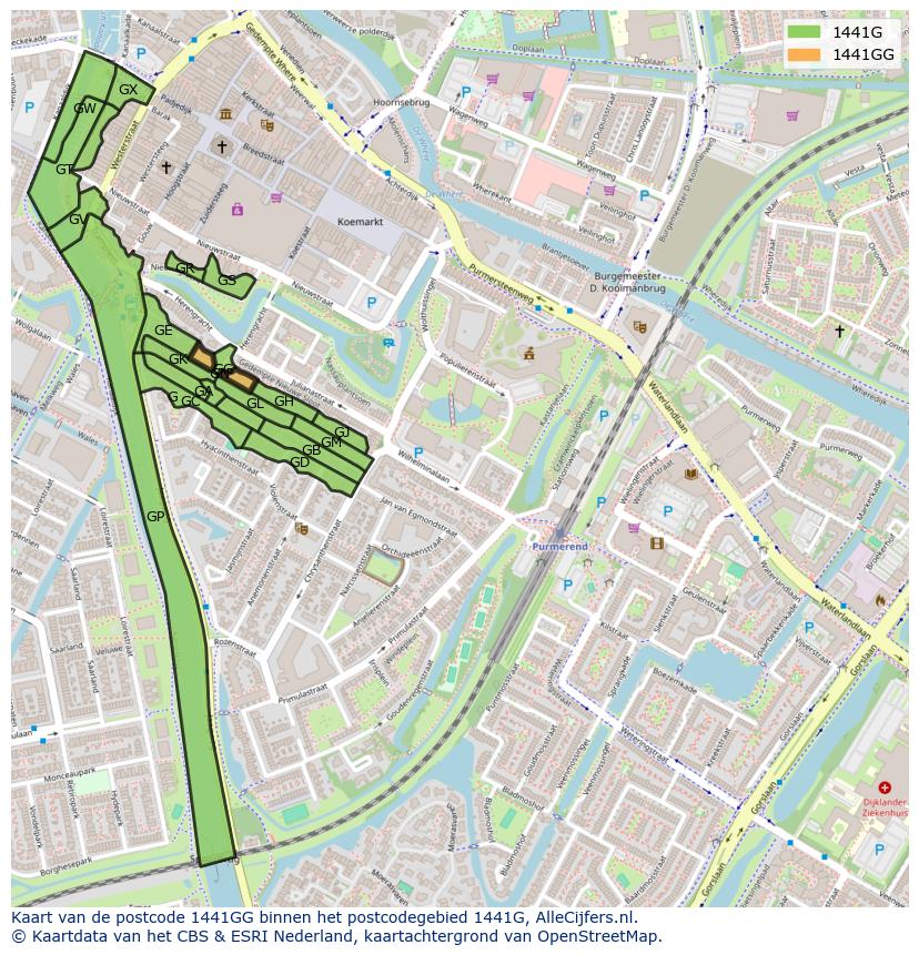 Afbeelding van het postcodegebied 1441 GG op de kaart.