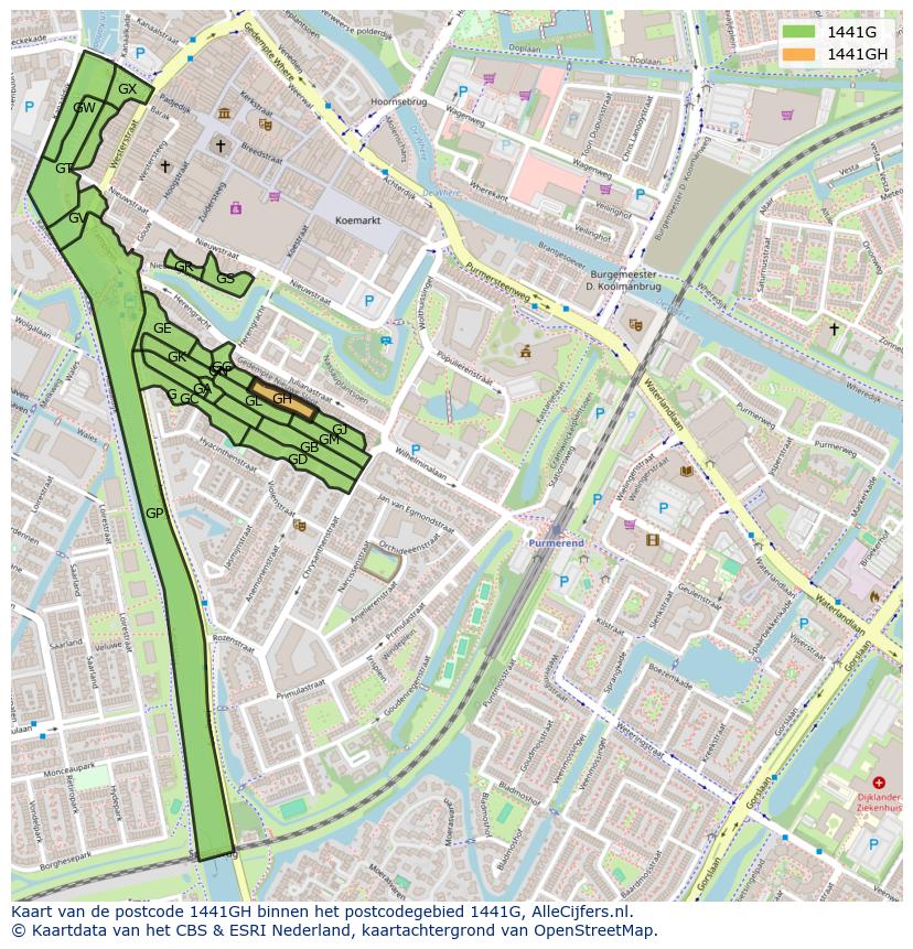 Afbeelding van het postcodegebied 1441 GH op de kaart.
