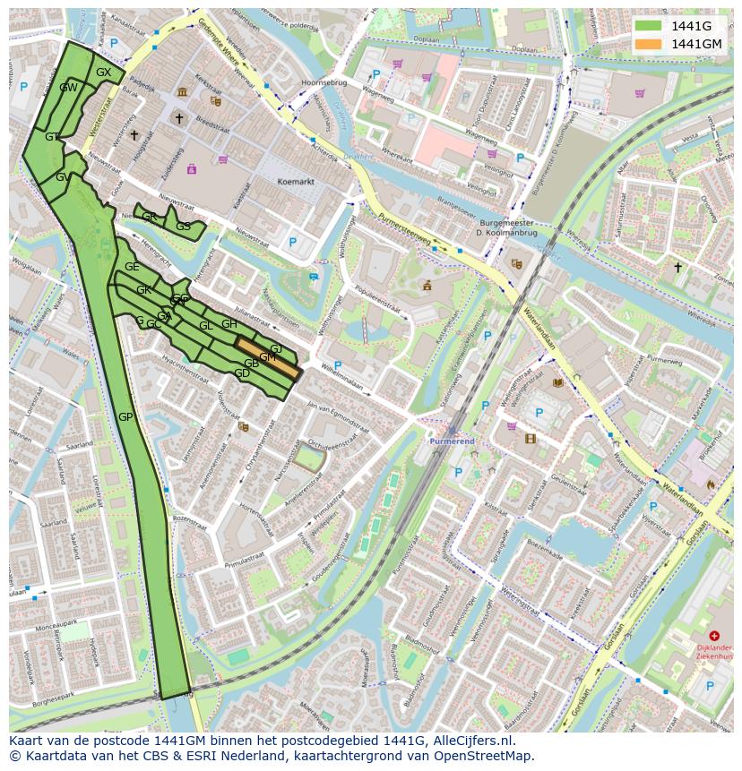 Afbeelding van het postcodegebied 1441 GM op de kaart.