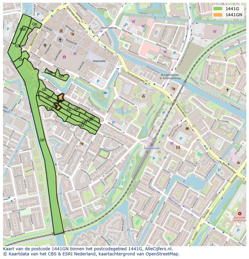 Afbeelding van het postcodegebied 1441 GN op de kaart.