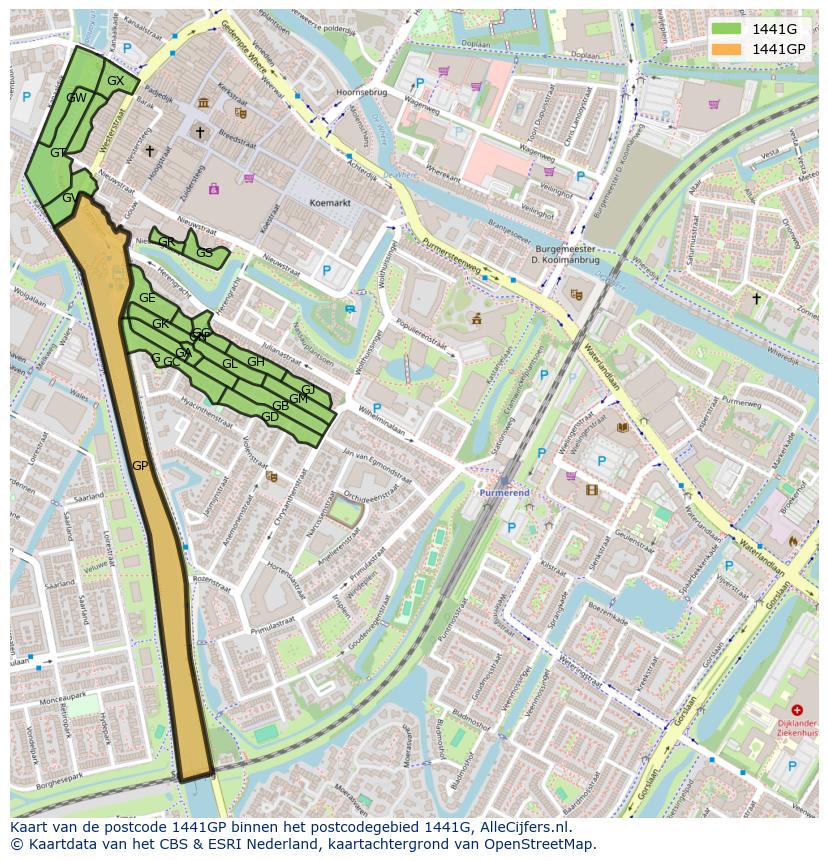 Afbeelding van het postcodegebied 1441 GP op de kaart.