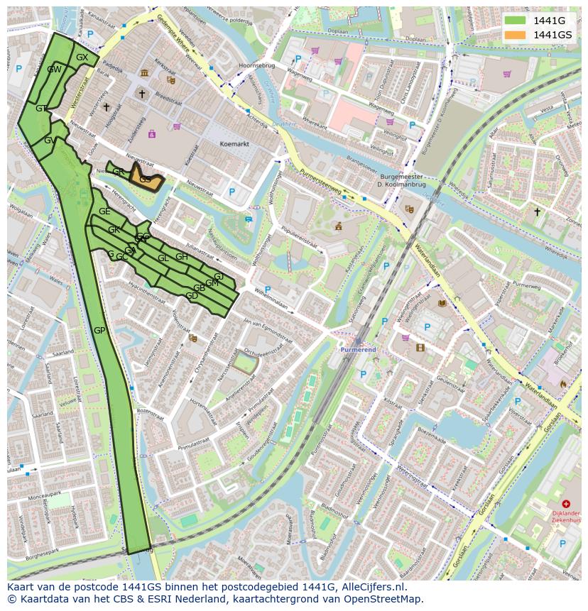 Afbeelding van het postcodegebied 1441 GS op de kaart.