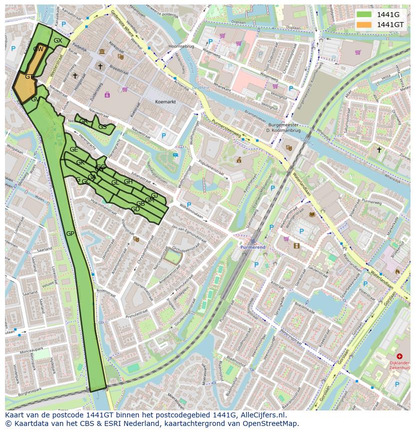 Afbeelding van het postcodegebied 1441 GT op de kaart.