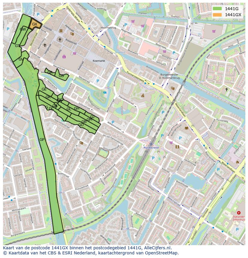 Afbeelding van het postcodegebied 1441 GX op de kaart.