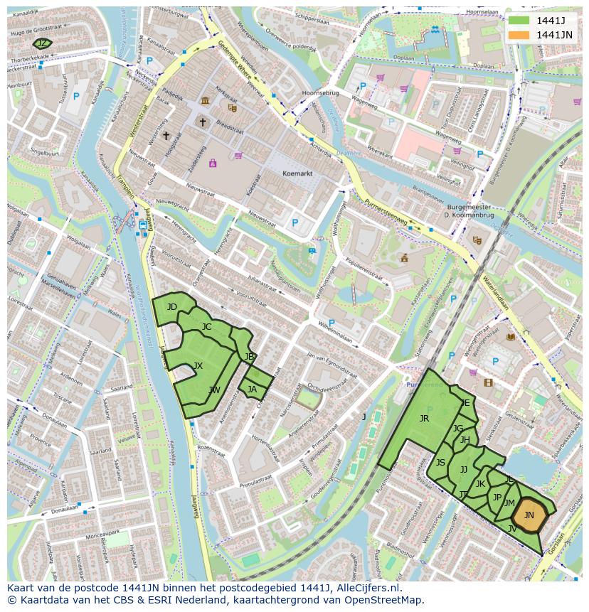 Afbeelding van het postcodegebied 1441 JN op de kaart.
