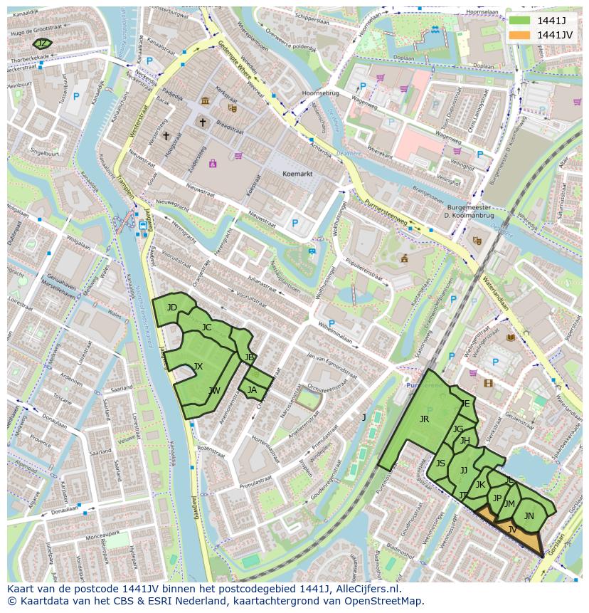 Afbeelding van het postcodegebied 1441 JV op de kaart.