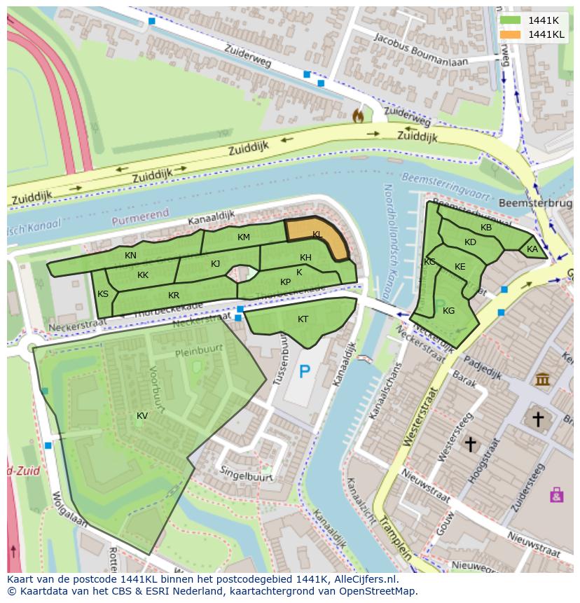 Afbeelding van het postcodegebied 1441 KL op de kaart.