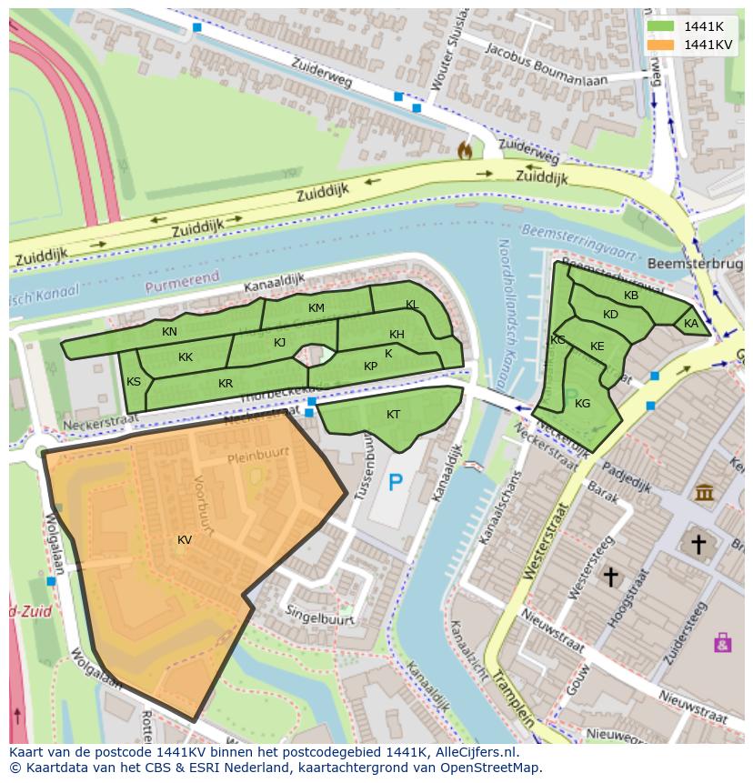 Afbeelding van het postcodegebied 1441 KV op de kaart.