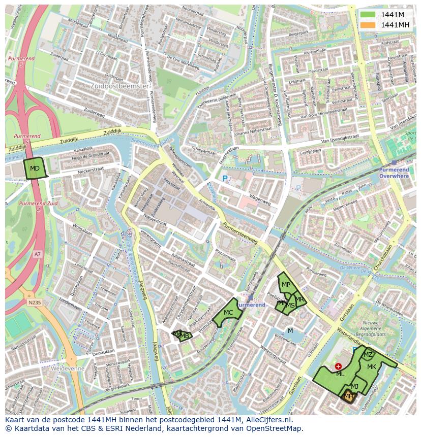 Afbeelding van het postcodegebied 1441 MH op de kaart.