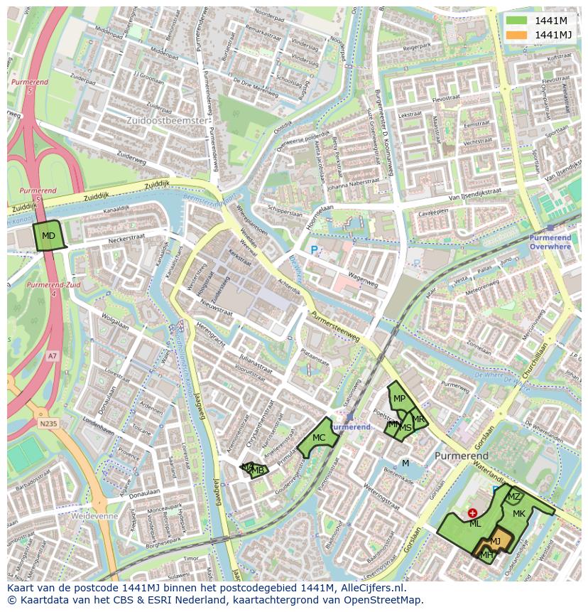 Afbeelding van het postcodegebied 1441 MJ op de kaart.
