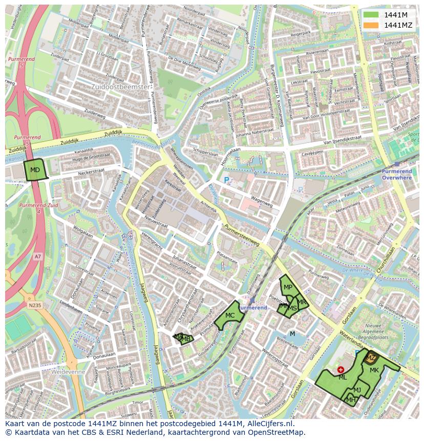 Afbeelding van het postcodegebied 1441 MZ op de kaart.