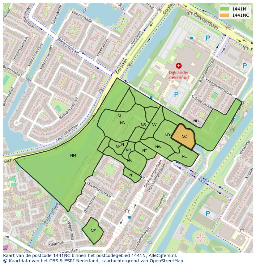 Afbeelding van het postcodegebied 1441 NC op de kaart.