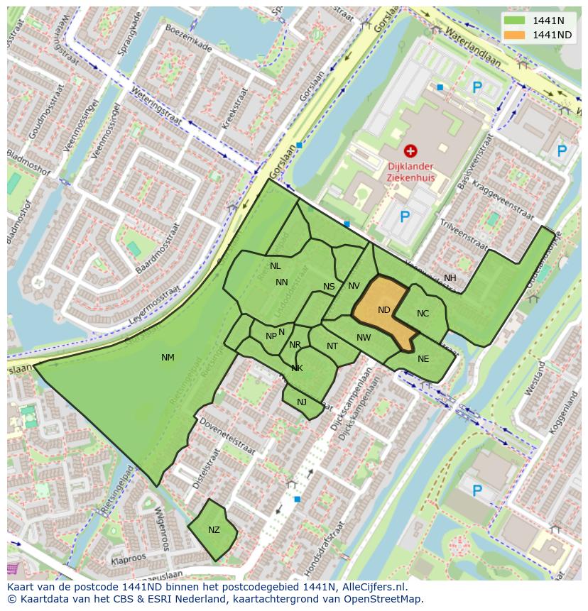 Afbeelding van het postcodegebied 1441 ND op de kaart.