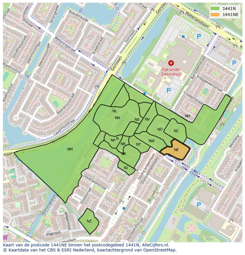 Afbeelding van het postcodegebied 1441 NE op de kaart.