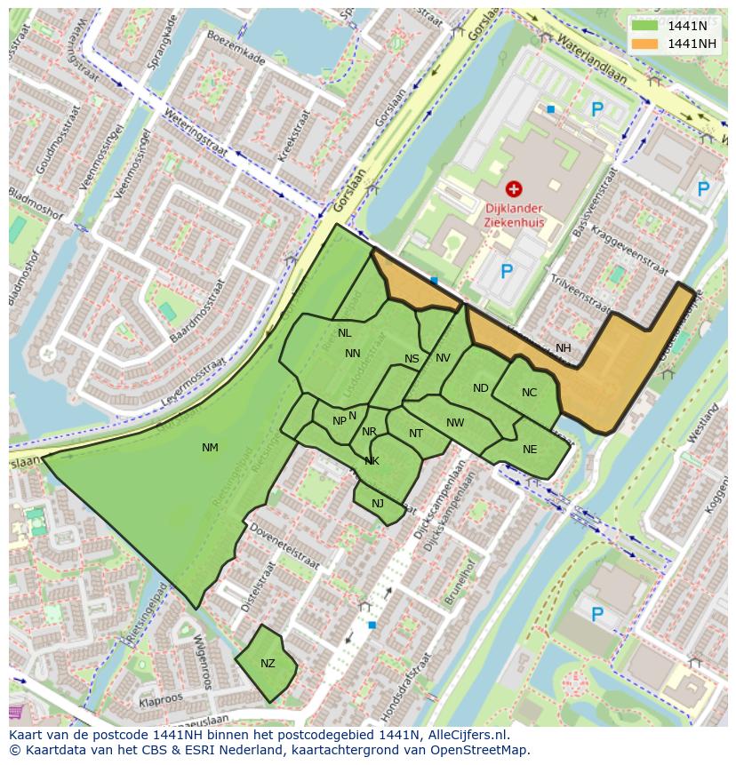 Afbeelding van het postcodegebied 1441 NH op de kaart.