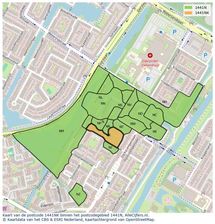 Afbeelding van het postcodegebied 1441 NK op de kaart.