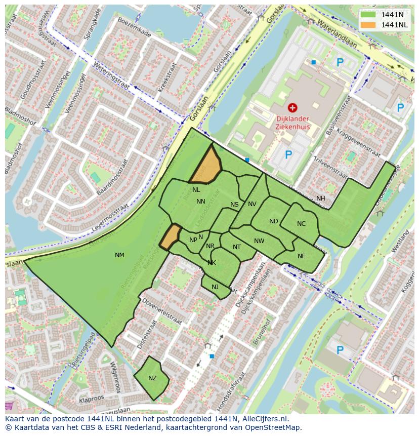 Afbeelding van het postcodegebied 1441 NL op de kaart.