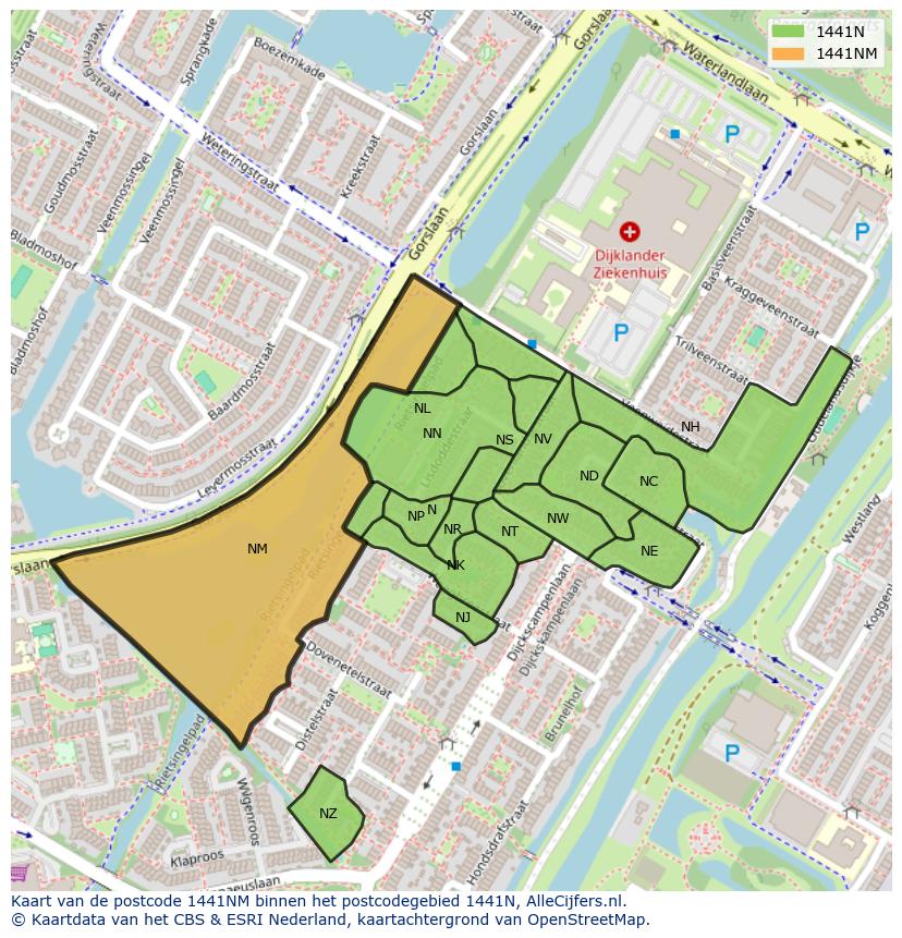 Afbeelding van het postcodegebied 1441 NM op de kaart.